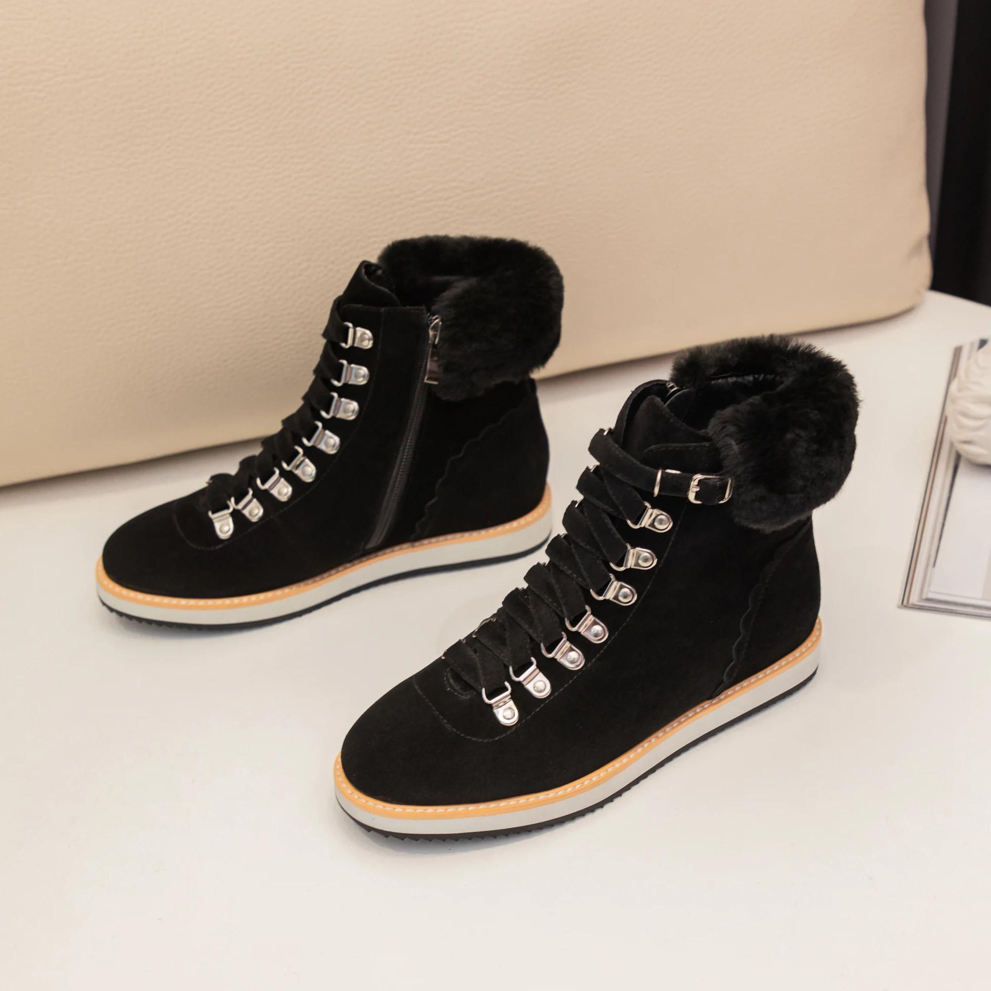 Online Moonmeek 2020 Baru Tiba Klasik Kasual Semata Kaki Nyaman Tumit Datar Round Toe Renda Sepatu Wanita Sepatu Bot Salju Musim Dingin