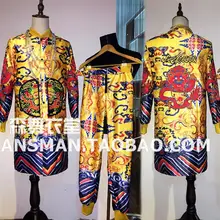 Nightclub male singer DJ with the same golden silk and satin robe embroidery and atmospheric loose m