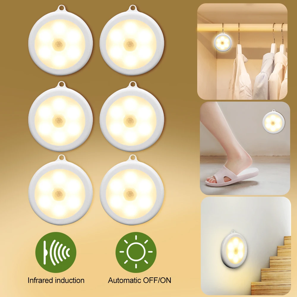 6pcs warm white 1/3/6 шт. в партии, 6 светодиодов движения Сенсор шкаф светильник диаметром 80 мм Беспроводной детектор светильник Авто включения/выключения лампы для защиты глаз шкаф лампа, лампа светильник - Цвет: 6pcs warm white