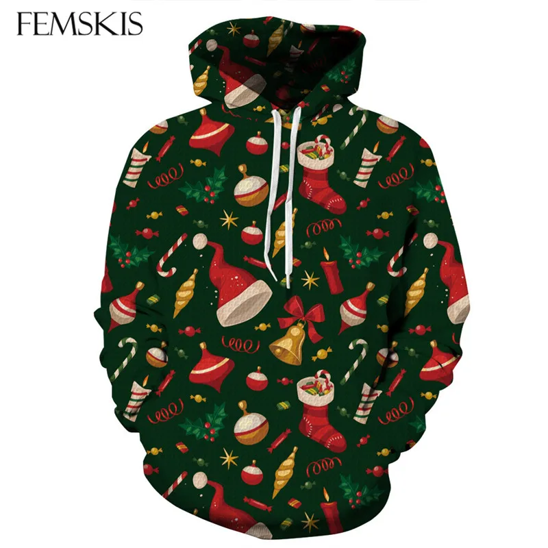

FEMSKIS Casual Pullover Christmas Hoodies Women Men 3D Printing Sweatshirts Hooded Santa Claus Clothing Hoodie Pocket With Cap