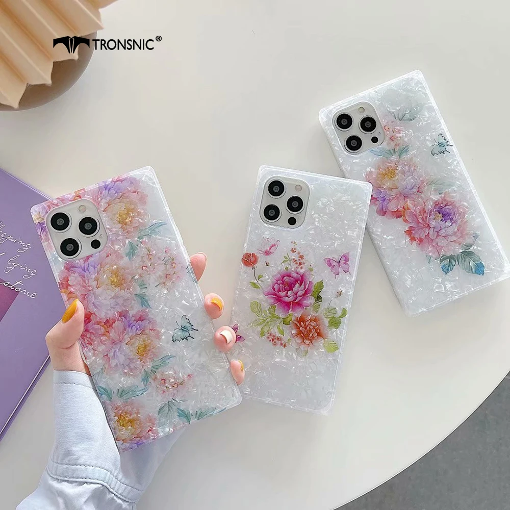 

Square Peony Rose Phone Case for iPhone 12 Pro Max Soft Silicone Shiny Shell Flower Conch Pink Cases for iPhone 11 Pro Max Cover