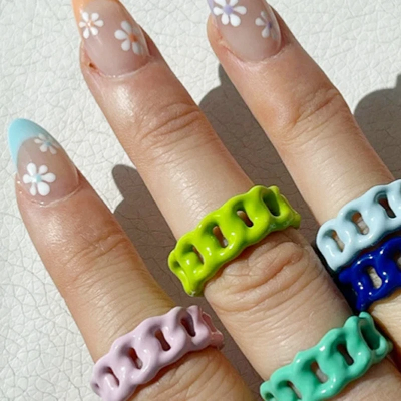 

2021 New Trendy Hand-Painted Candy Color Dripping Oil Geometric Chain Rings For Women Multicolor Irregular Open Rings Jewelry