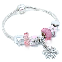 pandora style pink crystal big hole beaded bracelet creative color preserving diy snowflake bracelet