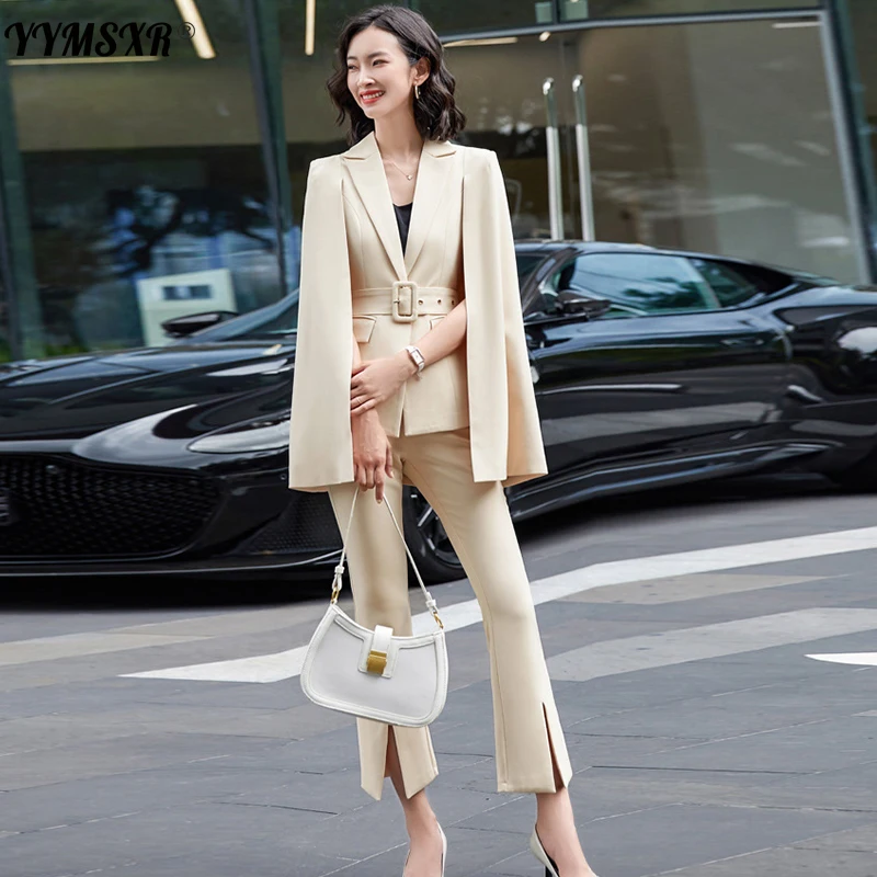 High Quality Elegant Women's Pants Suit Two-piece  Autumn and Winter New Slim-fit Belt Cloak-style Ladies Jacket Casual Trousers