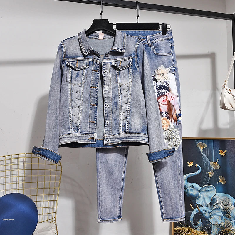 

Korean Beading Embroidery Back Print Denim Set Women Loose Casual Short Jeans Jacket Pencil Pants 2pc Female Vintage Jeans Suit