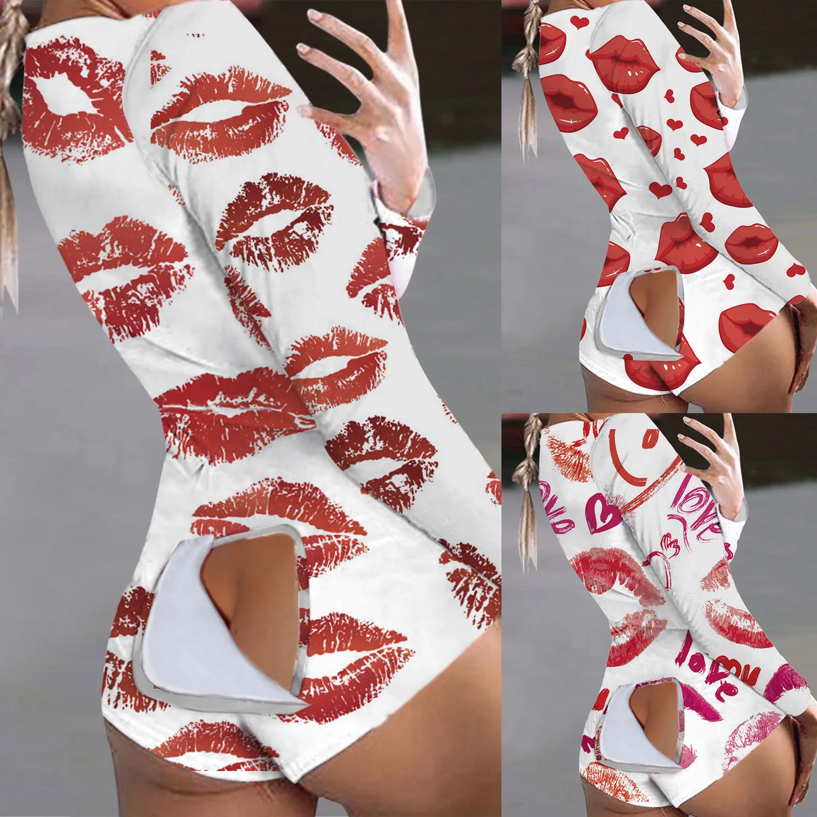 

Women Rompers Butt Flap Pajamas Button Flap Nightwear Long Sleeve Bodysuit Valentine's Day Nightwear Sleepwear Jumpsuit A50