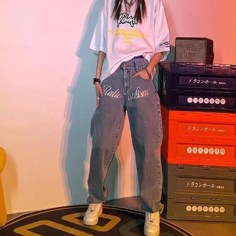 

Embroidered jeans women's 2021 spring and autumn new high-waisted straight wide-leg jeans fashion brand hip-hop casual trousers