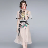 2022 women fashion runway midi dress summer luxuriy lotus leaf sleeve sequined embroidery princess slim mesh a line dresses