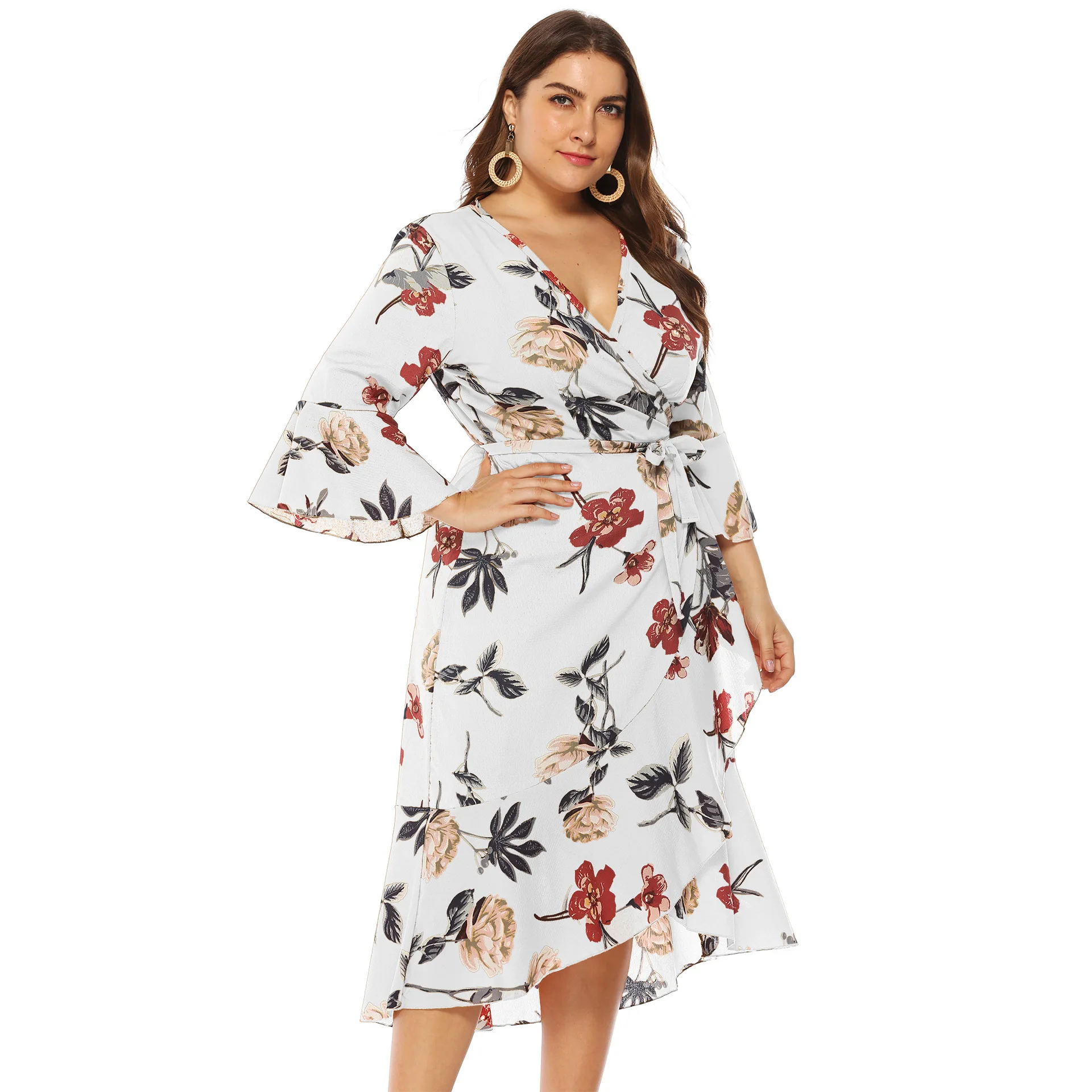 

Plus Size Women Flower Dress Print Kimono High Waist Irregular Deep V Spring Summer Dresses Elegant RobesTA11035