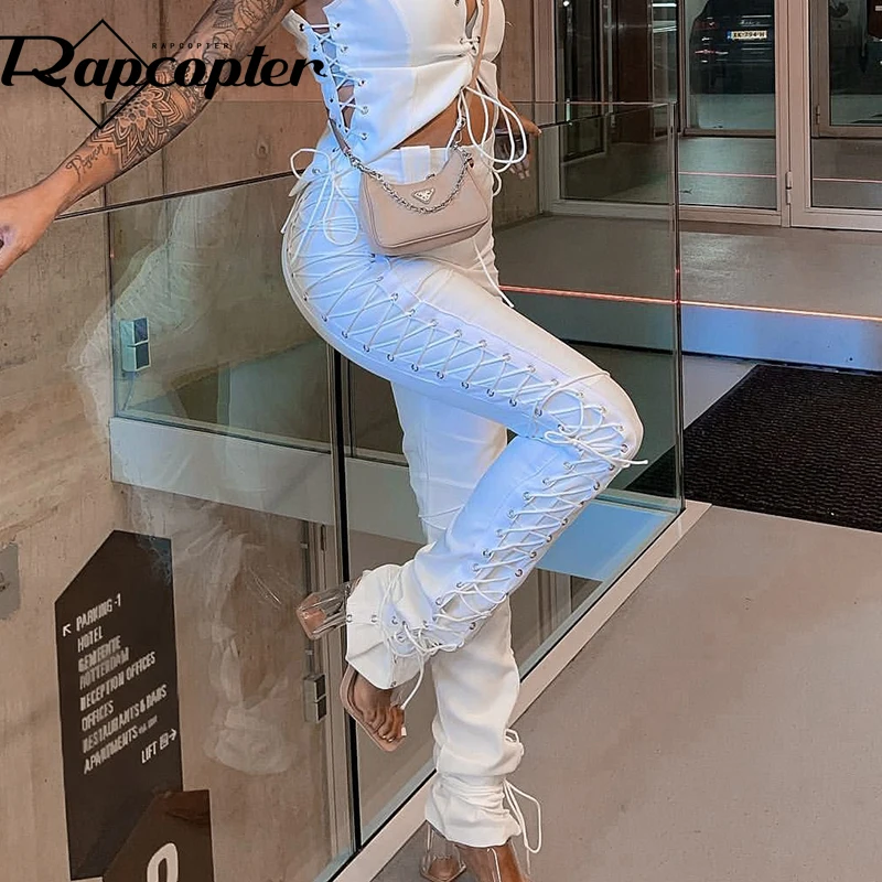 

Брюки-Карандаш Rapcopter женские с завязками, модные штаны-карго с рюшами, узкие брюки с завышенной талией, спортивная одежда, белый цвет