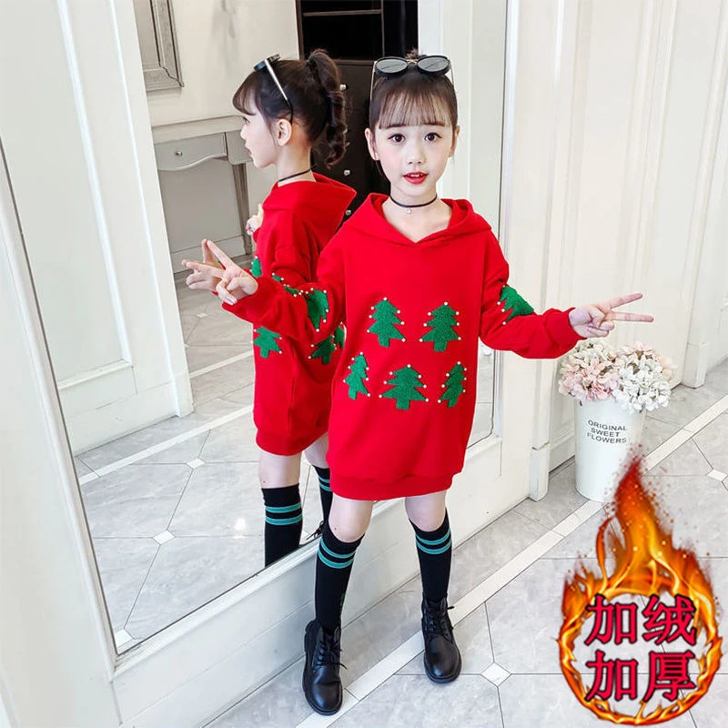 Girls&#39; Hoodies Sweatshirts Kids Underwear 2021 Red Plus Velvet Thicken Warm Winter Autumn Cotton Tops Fleece Children&#39;s Clothing