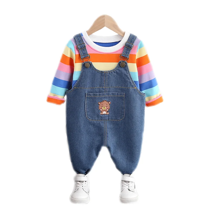 Детская футболка в полоску для мальчиков и девочек джинсы штаны 2 шт./компл.