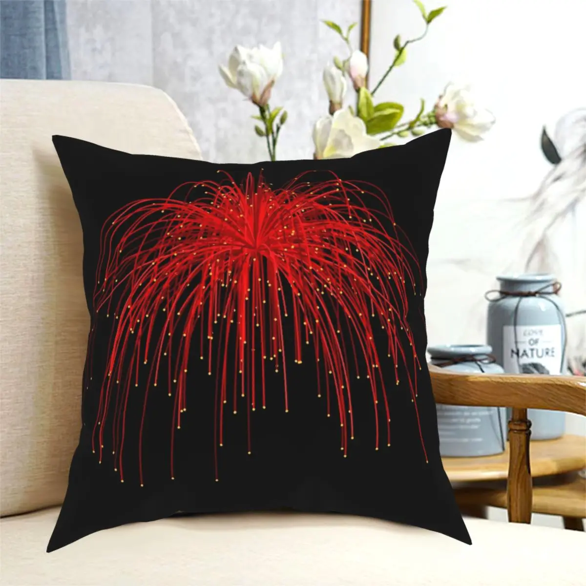Чехол для подушки с фейерверком красный креативный на молнии декоративный чехол