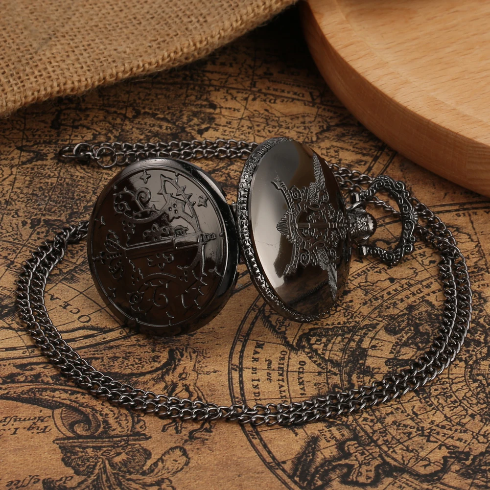 Exquisite Black Pocket Watch Suit Gift Set for Friend Father Quartz Pendant Watch Arabic Numerals Dial Necklace Accessories Kit