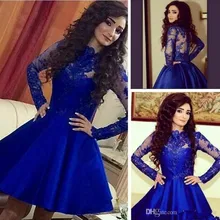 Robe de Cocktail en dentelle bleue, ligne a, manches longues, courte, Mini, élégante, robes de fête  (1)