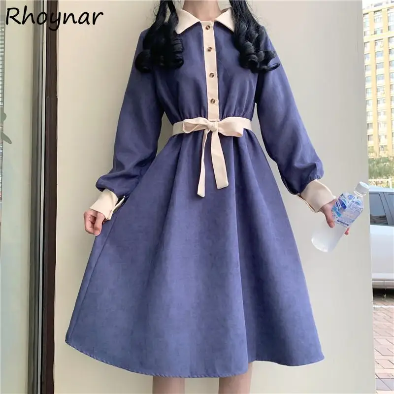 

Dresses Women Korean Style Patchwork College Mid-calf Autumn A-line All-match Fashion Bandage Sweet Classy Cute Japanese Clothes