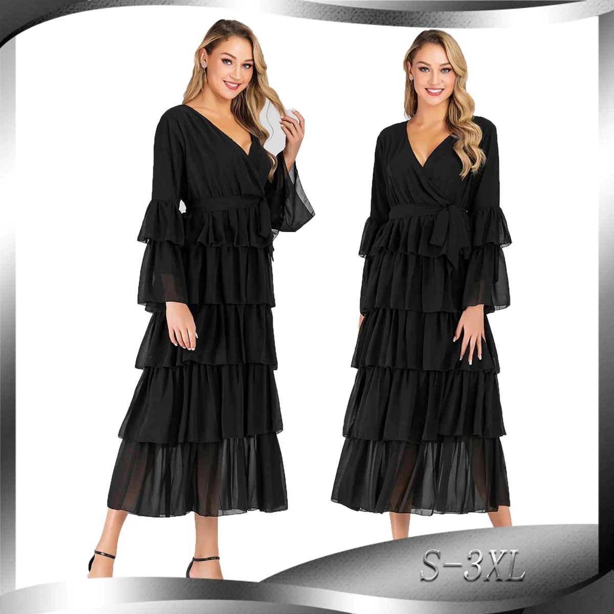 

Chic V-neck Party Night Club Sweet Cake Dress Women Flare Sleeve Multi-layer Pleated Cupcake Dresses Elegant Vestidos Mujer 2020