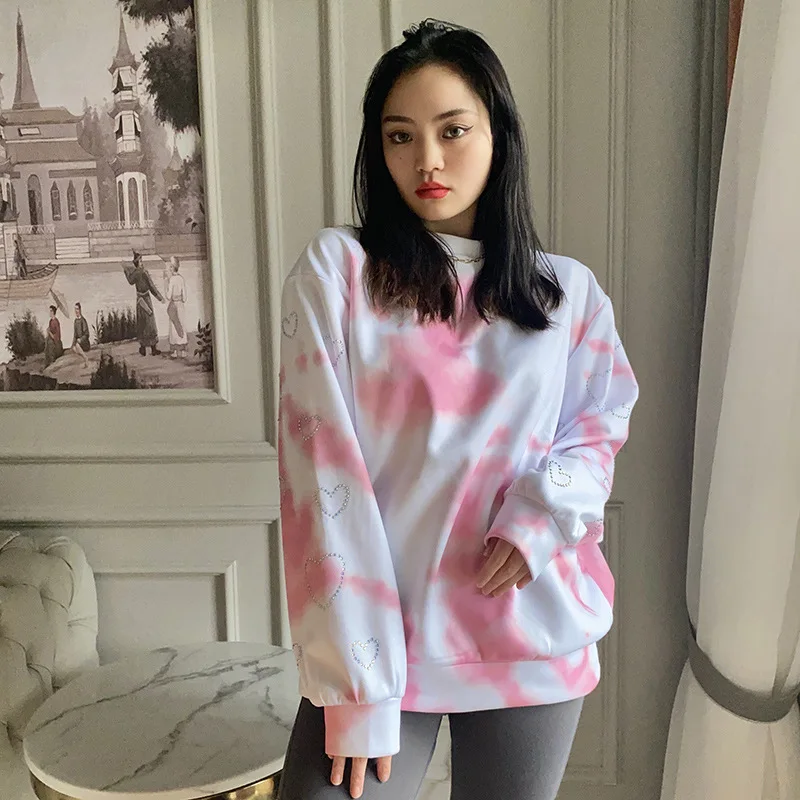 

yqh Tie Dye Cartoon Print Shirts Woman Spring Auttum Cute Letter Long Sleeve Oversize Harajuku Casual Loose T-shirt Tee Top 2021