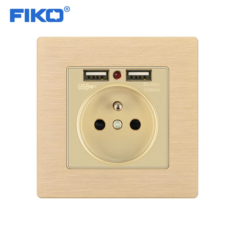 FIKO 16A FR standard Dual USB Gold Aluminum alloy panel 16A EU standard ?86*86mm power socket with USB power socket