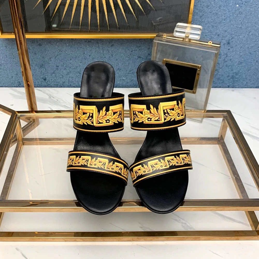 Сандалии женские кожаные на высоком каблуке дизайнерские шлепанцы модная