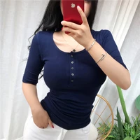 2022 korean solid color t shirt women clothes sexy cotton buttons white female short sleeve t shirt summer tops tee shirt