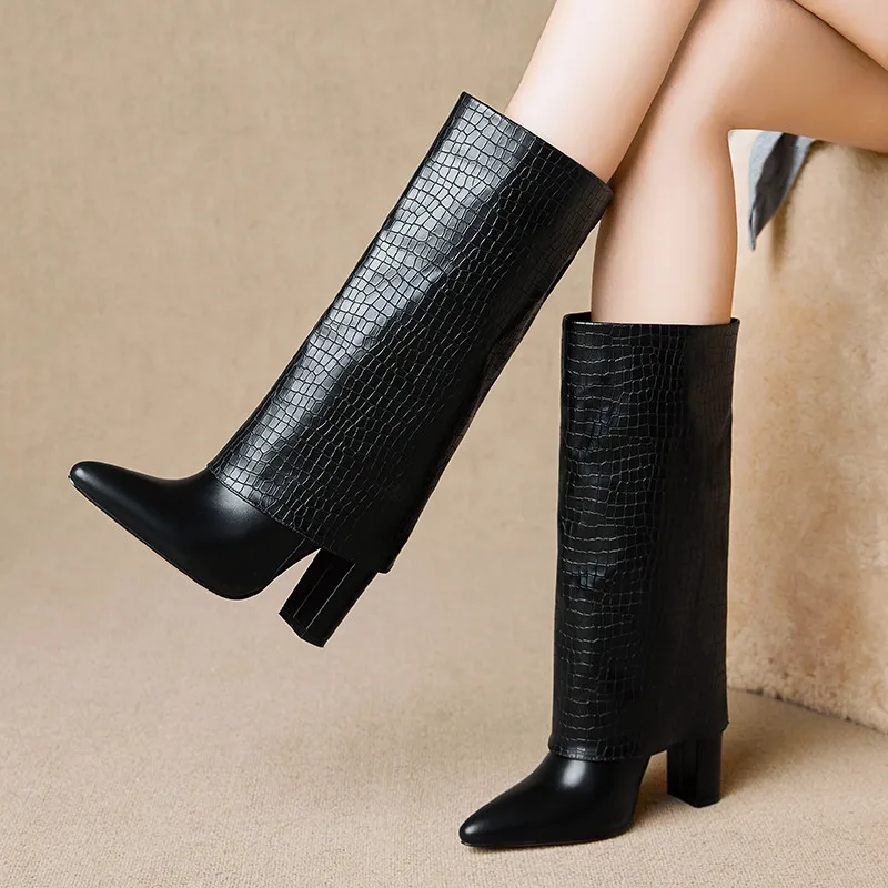 

Fall Winter New Pointed Thick Heel Mid-Calf Women Boots Special Style Slip-On Black White Shoes Size 35-43 Western Fashion
