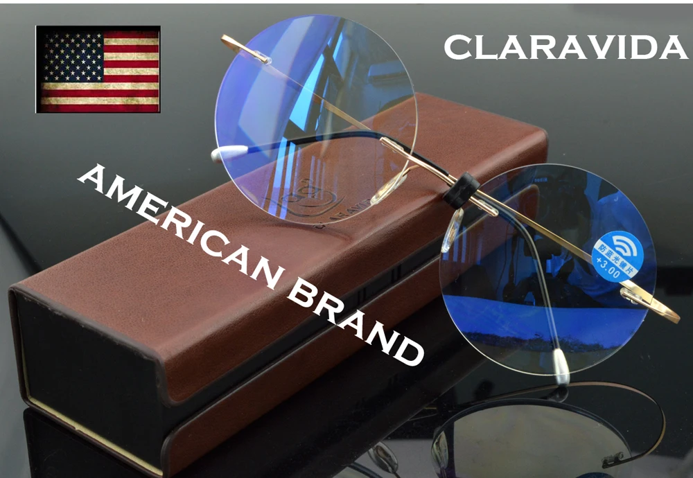 Чтение очков Round Luxury Retro Super High Quality Metal Rimless с чехлом из PU от бренда CLARAVIDA America Gentlemen +0,75 ~ + 4,0 включительно.