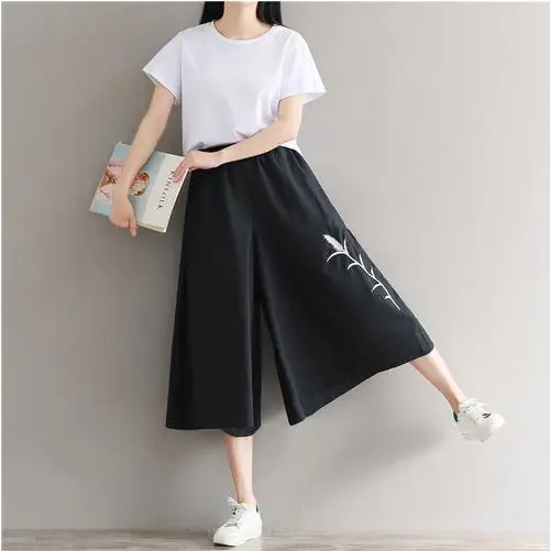 Летние брюки Винтаж трава вышитые женские свободные твердые черные эластичные