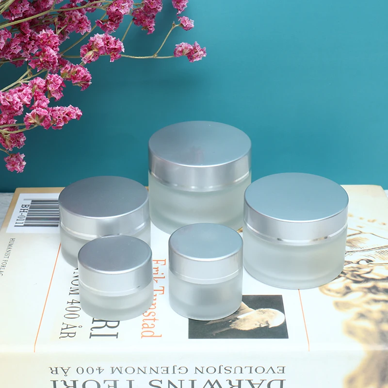 

5/10/15/20/30/50/100g Frosted Glass Cream Jar Cosmetic Container Cosmetic Jars Silver Lid Glass Bottle