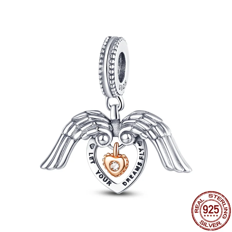 

HOT 925 Sterling Silver Heart-Shaped Guardian Moving Wings Beads For Original Pandora Bracelet Jewelry Making DIY Women Jewelry