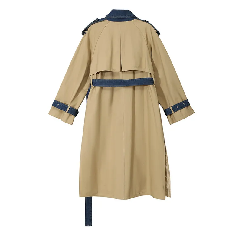 

Women Trench Coat Long Sleeve Denim Spliced Windbreaker Coats Long Overcoat Autumn Winter Lady Denim Outerwear With Belt