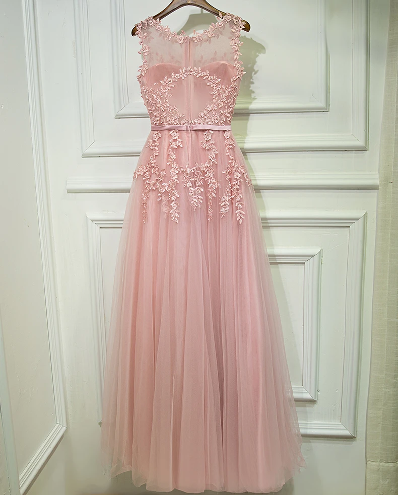Pink Prom Dresses 2020 Long Lace Applique vestidos formales Pearl Tulle A Line Sheer Neck Sleeveless Evening Gown Party Formal | Свадьбы и