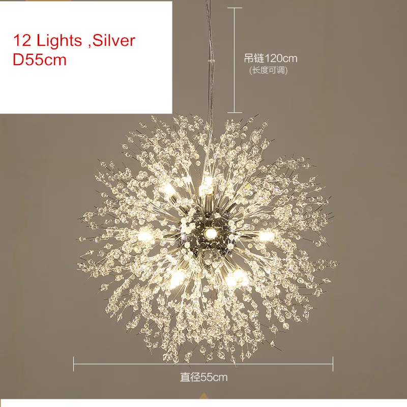 12lights SilverD55cm Скандинавские G9 хрустальные Led люстры Лофт серебро/золото фейерверк кулон Потолочный подвесной светильник светильники для гостиной магазин - Цвет абажура: 12lights SilverD55cm