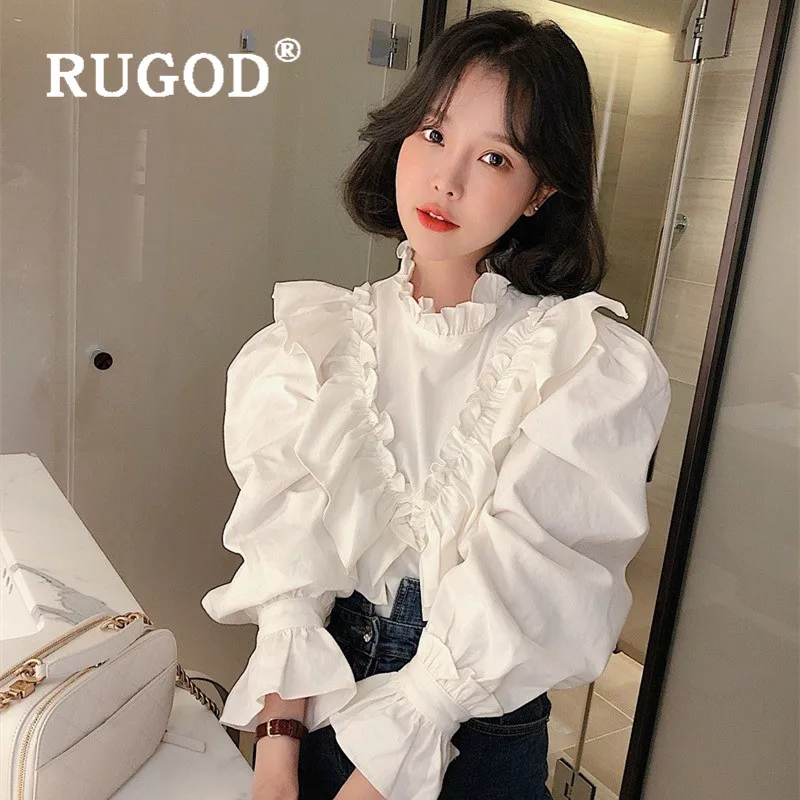 RUGOD Spring Ruffle Blouse Women Blouses Long Sleeve Elegant Top Korean Fashion Clothing Women's Shirts Bell White | Женская одежда