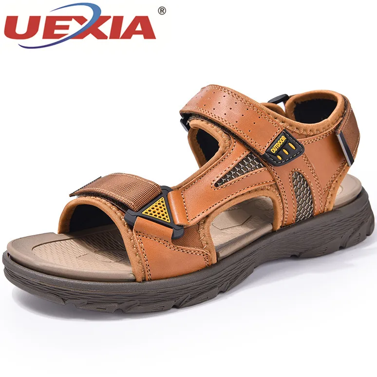 

Мужские повседневные кожаные сандалии, коричневые мягкие сандалии, легкие пляжные модные сандалии для улицы и прогулок, большие размеры, на...