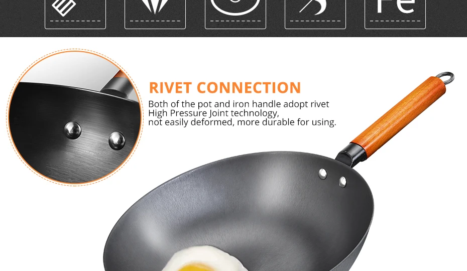 High Quality Chinese Iron Wok Traditional Handmade Iron Wok Non-stick Pan Non-coating Induction and Gas Cooker Cookware