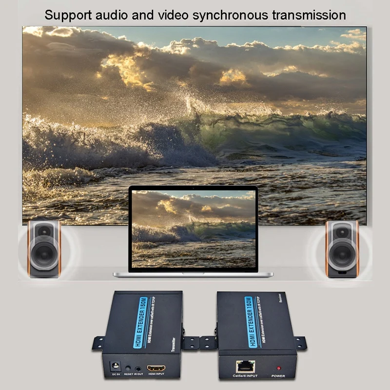 

HDMI Extender 150M/492Ft HDMI Single Network Cable Support TCP/IP One-To-Many and IR Infrared Return EU Plug