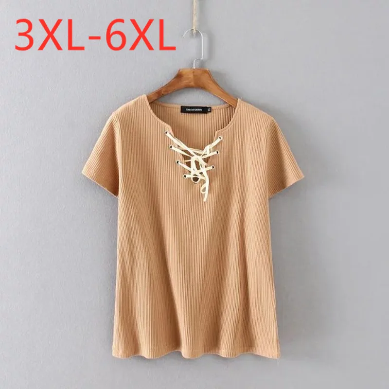 

New Korea 2021 summer plus size tops for women large loose short sleeve V neck casual cotton T-shirt khaki green 3XL 4XL 5XL 6XL