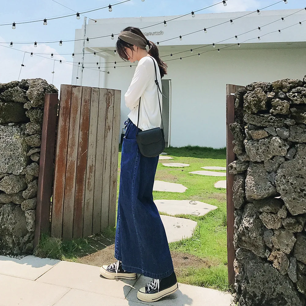 QING MO Denim Women Pants Blue Solid Wide Leg 2019 Autumn High Waist Casual Style Quality ZQY1502 |
