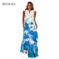 movokaka fashion long dress women summer beach blue floral print vintage elegant dress 2022 casual sleeveless vestidos dresses
