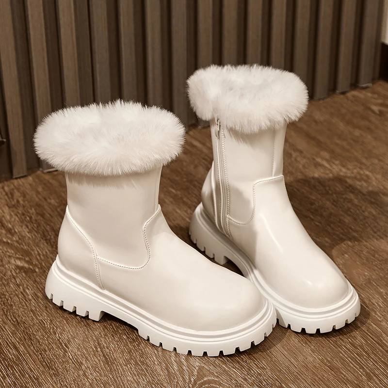 

Модные женские зимние кожаные ботильоны на массивном каблуке, женская обувь на молнии и платформе, меховые ботинки для девочек, черные шерс...