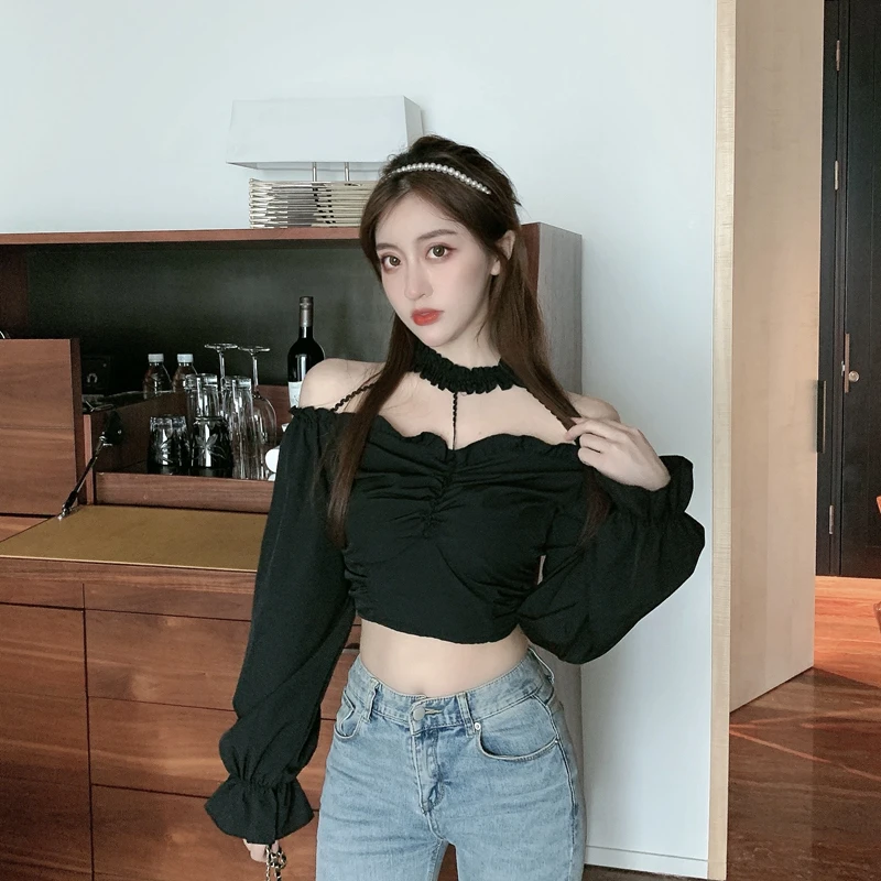 

Houthion New One Word Collar Women's Blouses Comfortable Summer Fashion Blouse European/American Leisure Top Long Sleeve Shirt