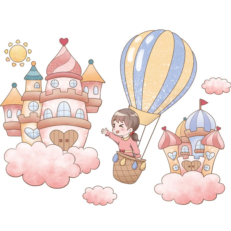 

Hot Air Balloon Castle Wall Stickers for Kids Room Decoration Nursery Mural Girl Sitting on Balloon Wall Decals Home Decor PVC