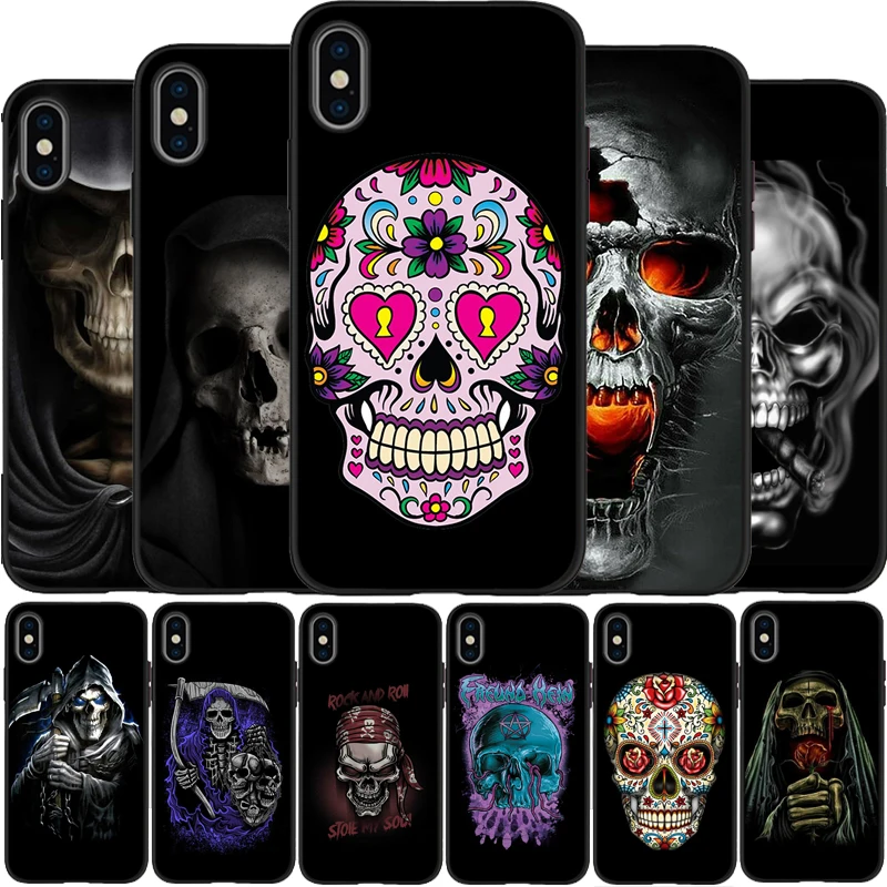 Чехол Grim reaper skull skeleton мягкий силиконовый черный чехол для телефона X XR XS Max iPhone 6 6plus