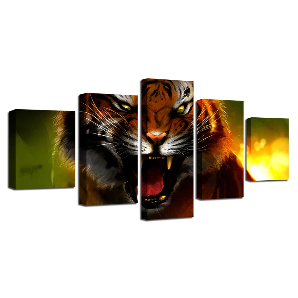 

Home Decor For Living Room Artwork Frame Modular Painting 5 Pieces Fierce Animal Tiger Poster Pictures HD Prints Canvas Wall Art