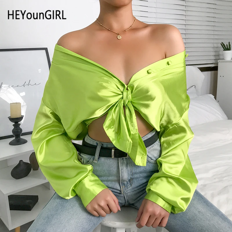 HEYounGIRL неоновая зеленая атласная Женская футболка, топ, свободная элегантная длинная футболка, женская футболка с отложным воротником, женская футболка High Street