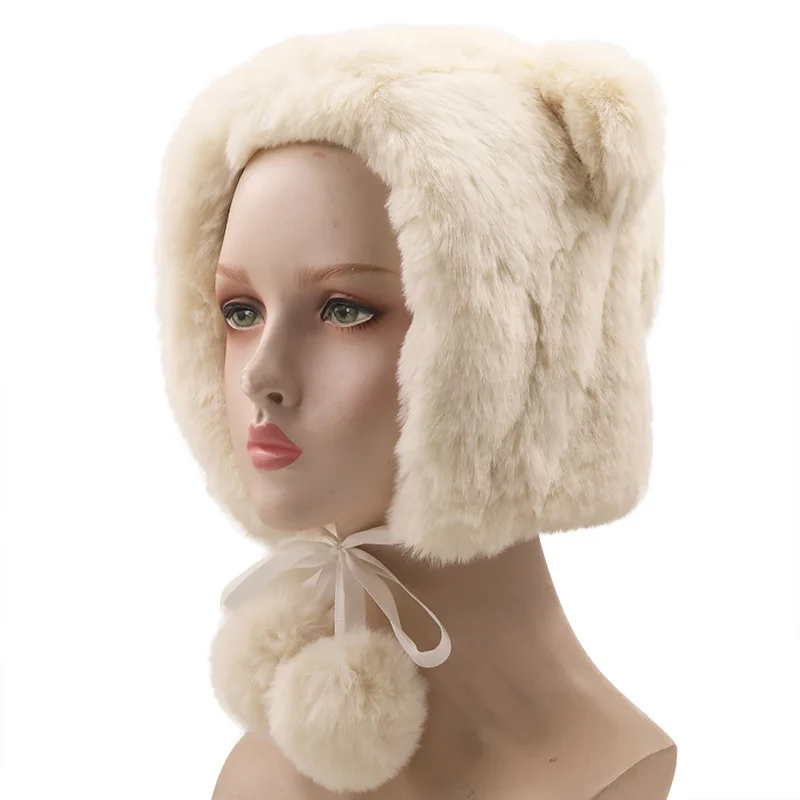 

Simple Women Winter Thicken Plush Warm Earflap Hat Cute Girl Bear Ears Windproof Beanie Cap with drawstring Chin Strap
