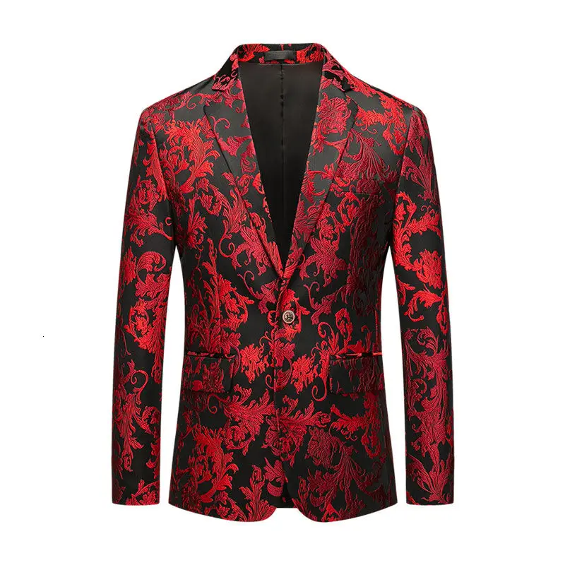 

2021 Spring Autumn Red Jacquard Blazer Hombre Men's Fashion Jacket Stage Performance Costume Groom Wedding Suit Bleazer For Men