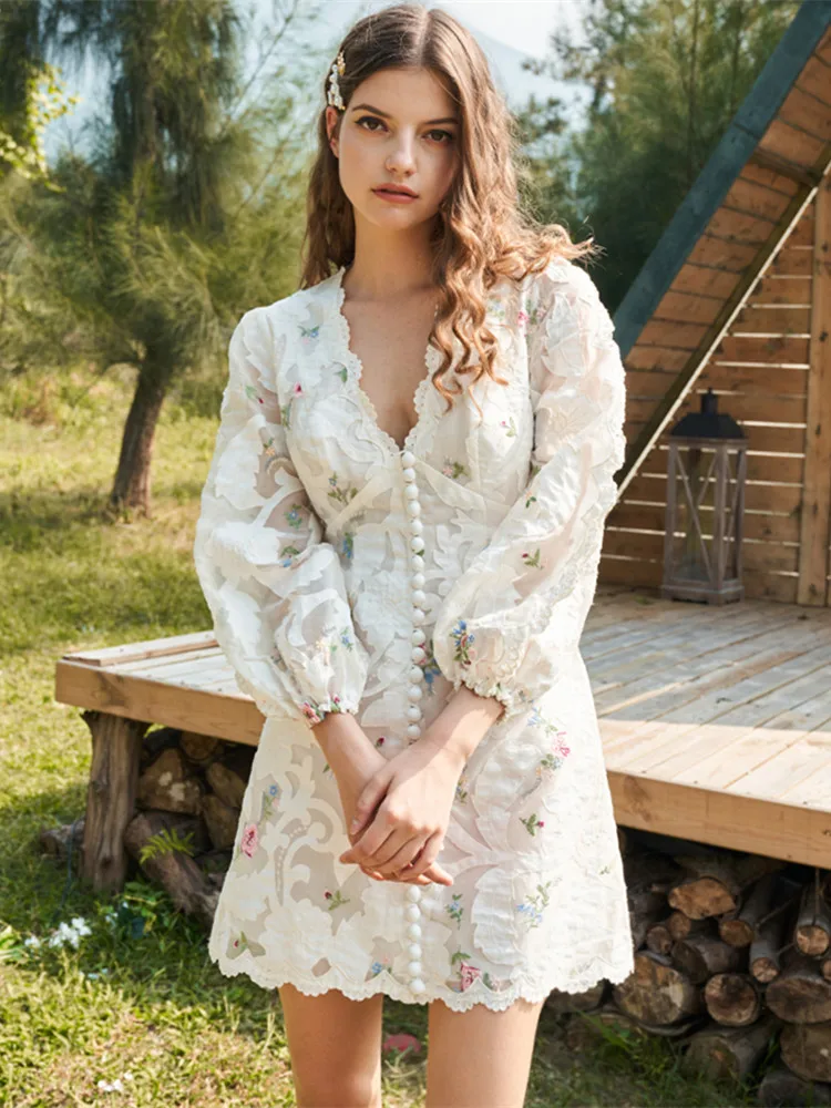 2020 весеннее женское платье с цветочной вышивкой Элегантное однобортное белое