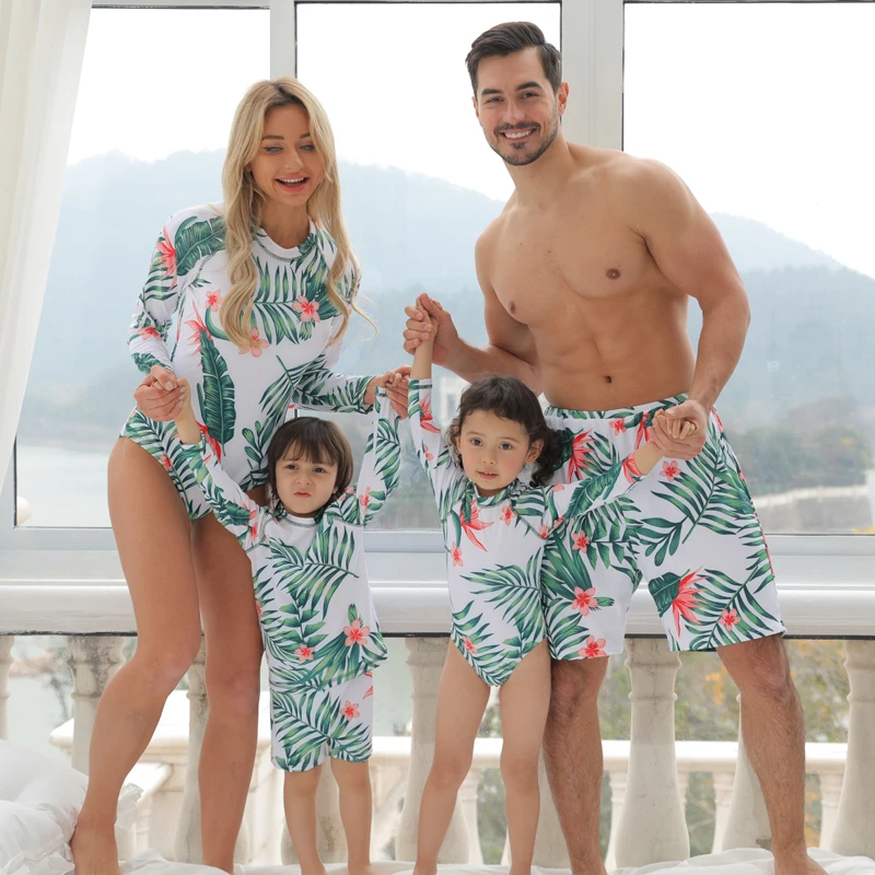 Tropical Swimsuits Family Matching Outfits Long Sleeve Mother Daughter Swimwear Father Son Trunks Mommy and Me Surfing Clothes